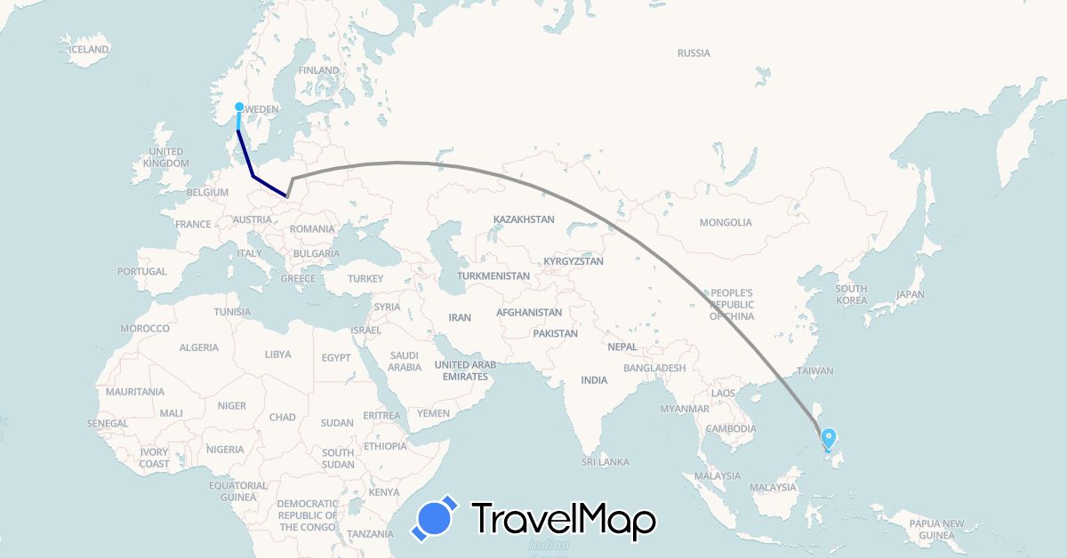TravelMap itinerary: driving, plane, boat in Germany, Denmark, Norway, Philippines, Poland (Asia, Europe)